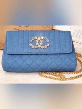 CHANEL Blue  Quilted Denim Jeweled CC Chain Crossbody Bag